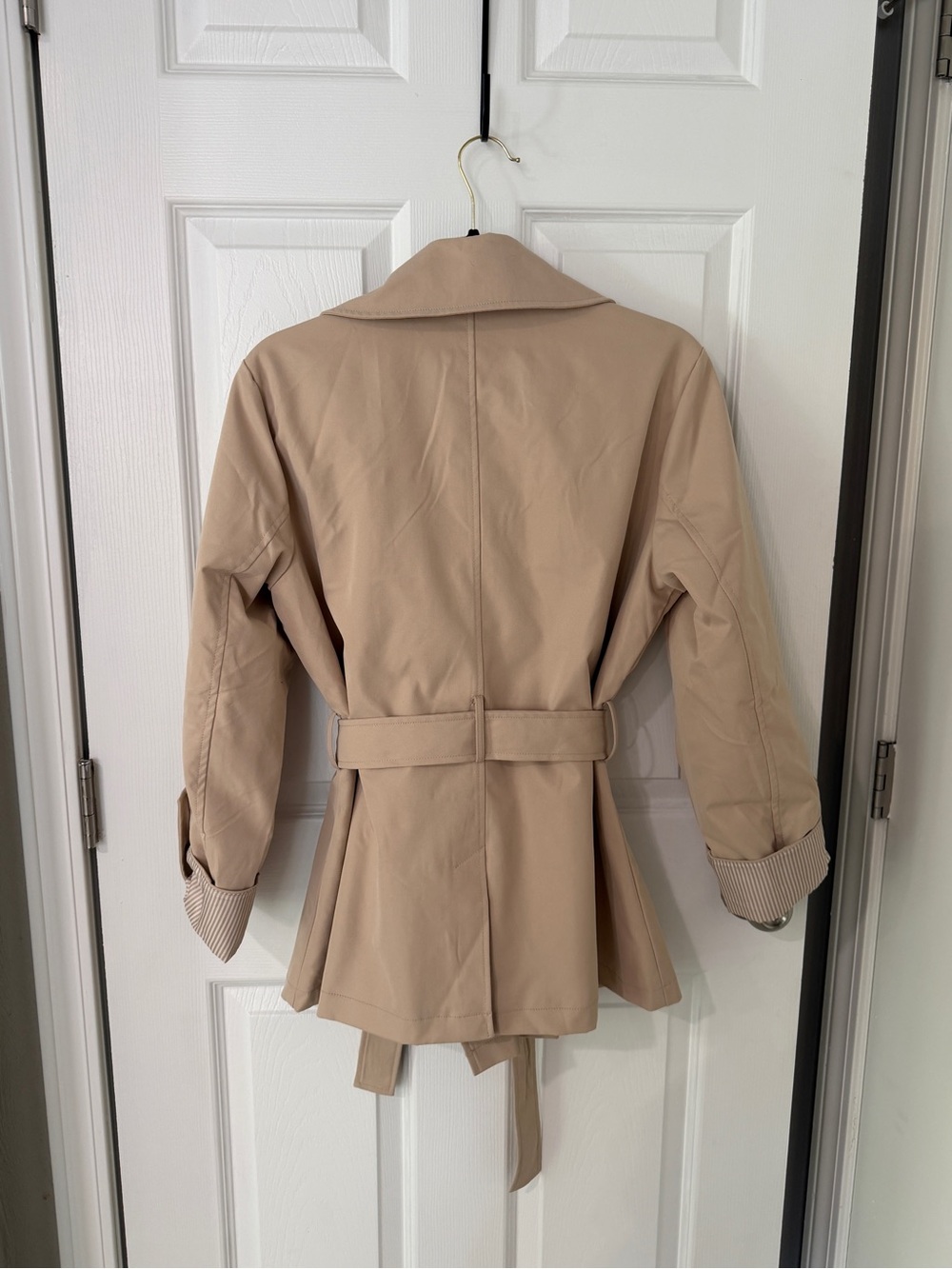 Beige Double-Breasted Belted Trench Coat - Picture 4 of 10